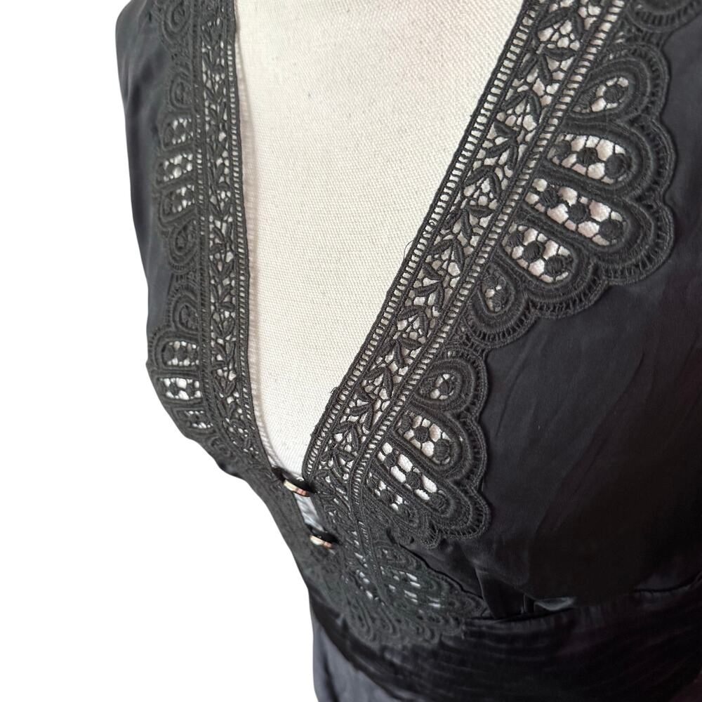 Thurley silk black sheath shirt dress lace trim short sleeve women’s size 10 - Picture 6 of 13